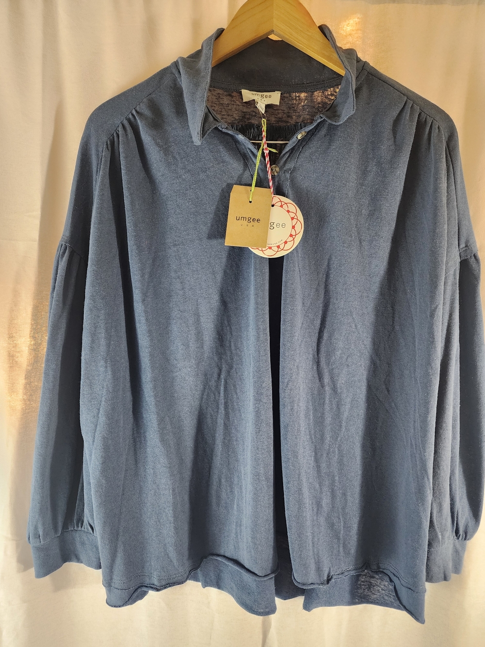 Umgee NWT Women's Blue Knit Collared Button Front Long Sleeve Blouse Cotton S